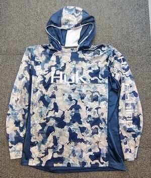 Huk Fishing Hoodie Shirt long sleeve blue camo Men's Size L Fast Shipping